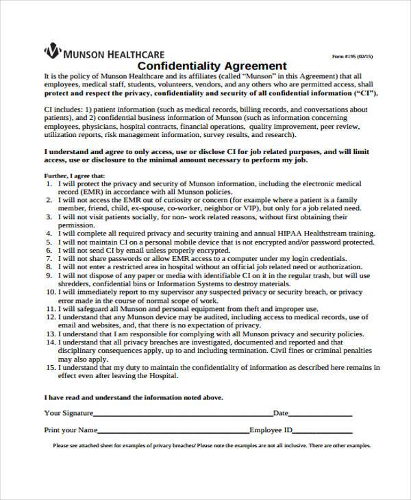 confidentiality agreement form example
