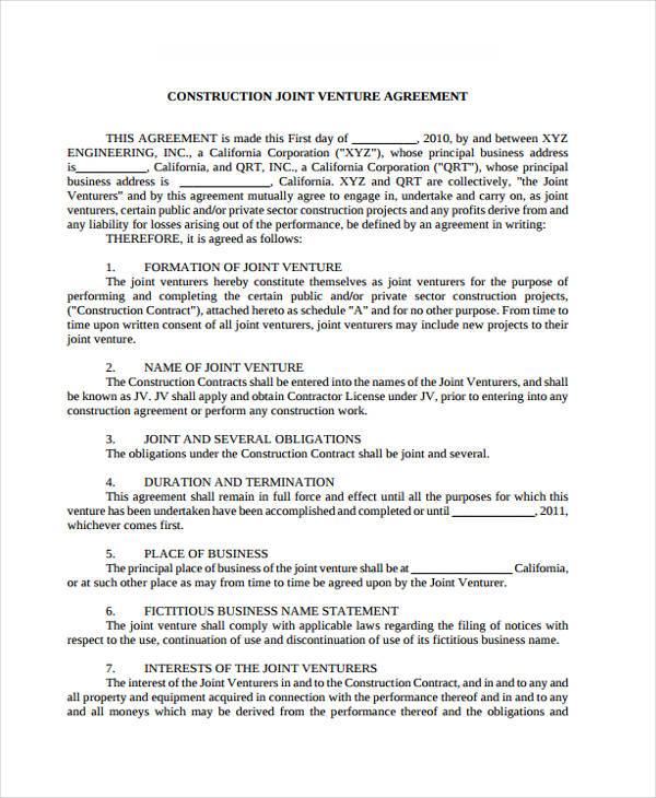 construction joint venture agreement form