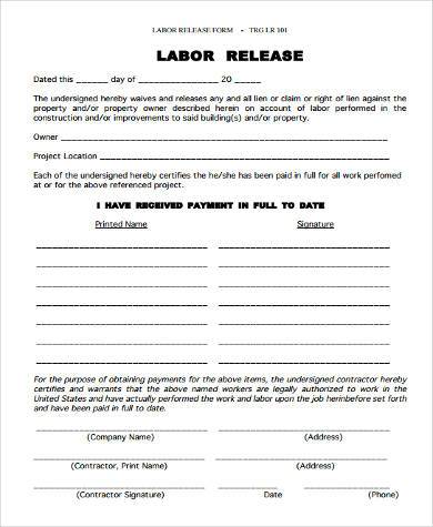 construction labour release form 