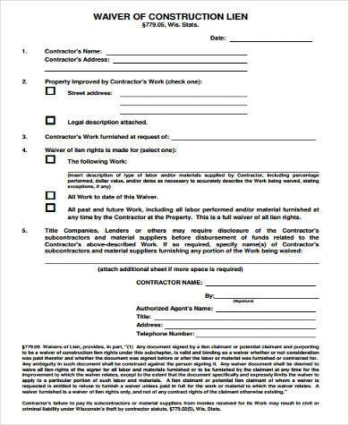 construction lien waiver form example