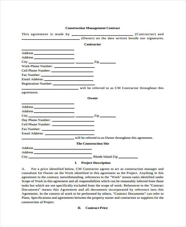 construction management contract form