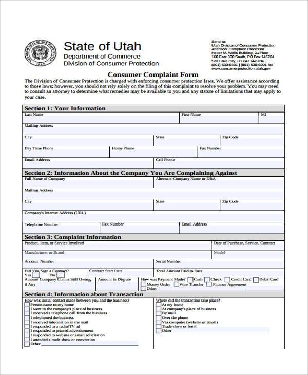 consumer protection complaint form