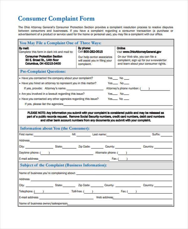 FREE 6 Consumer Plaint Form Samples In Sample Example