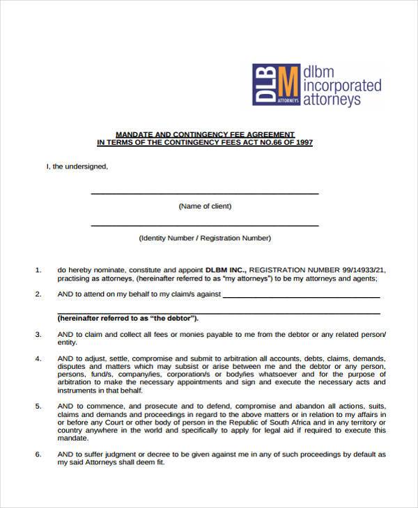 contingency written fee agreement form