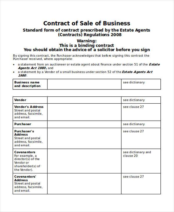 contract of sale of business