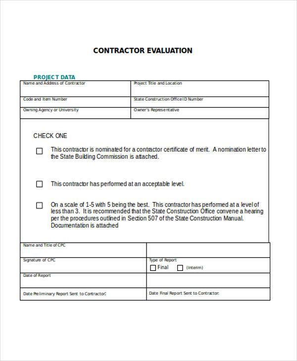 contractor evaluation form in word format