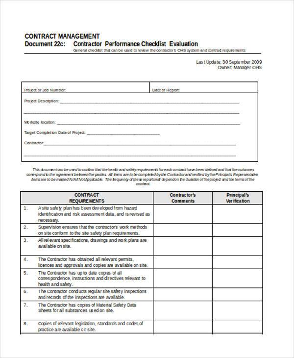 contractor performance checklist evaluation form