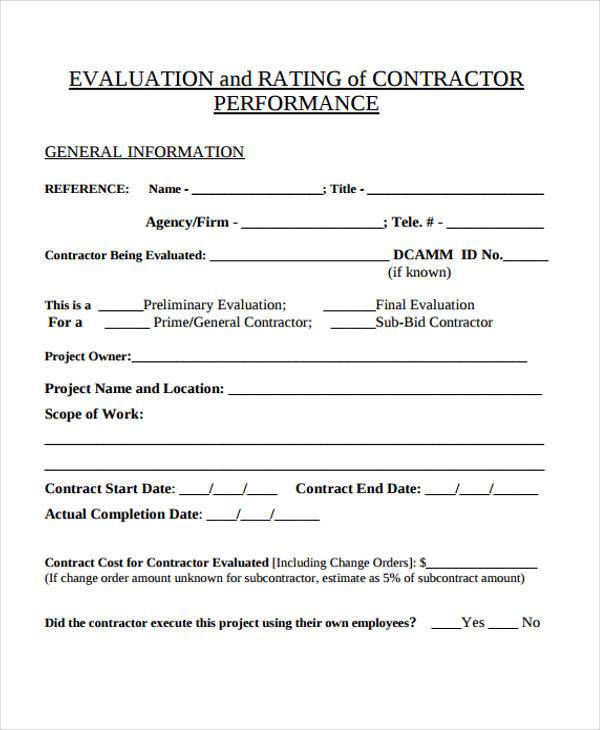 FREE 7+ Contractor Evaluation Forms in MS Word | PDF