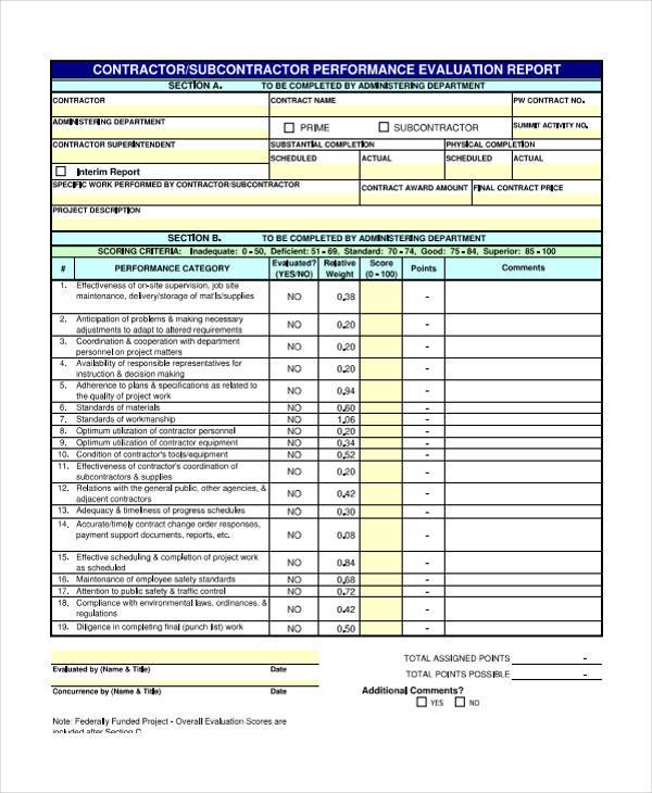 contractor performance evaluation report form
