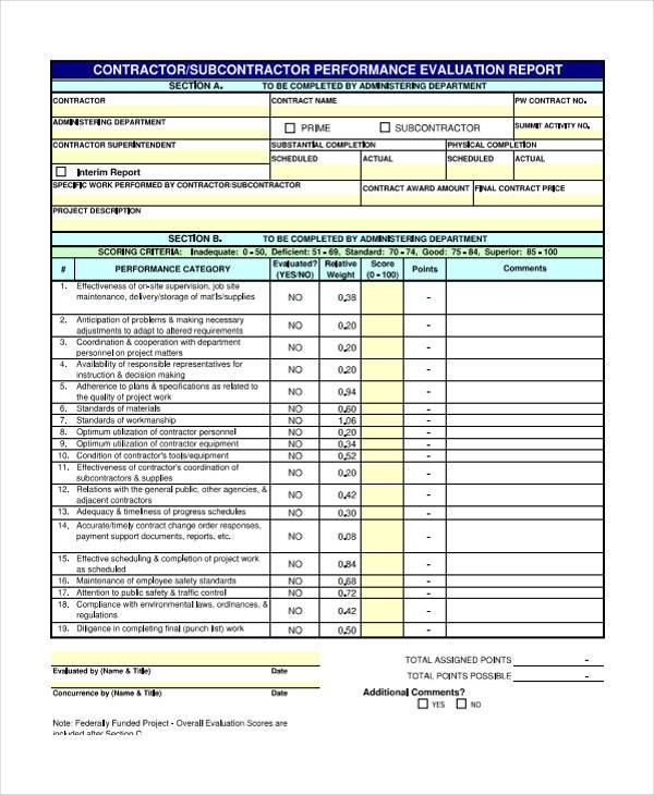 Free 7 Contractor Evaluation Forms In Ms Word Pdf