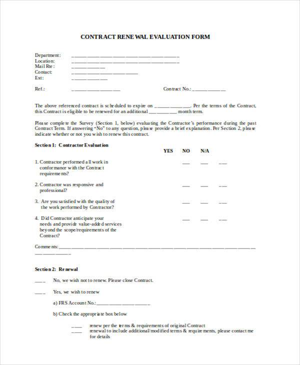 contractor renewal evaluation form