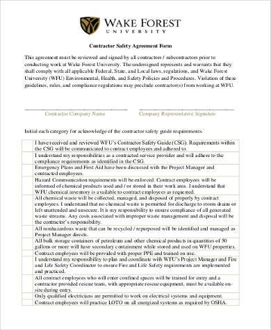 contractor safety agreement form
