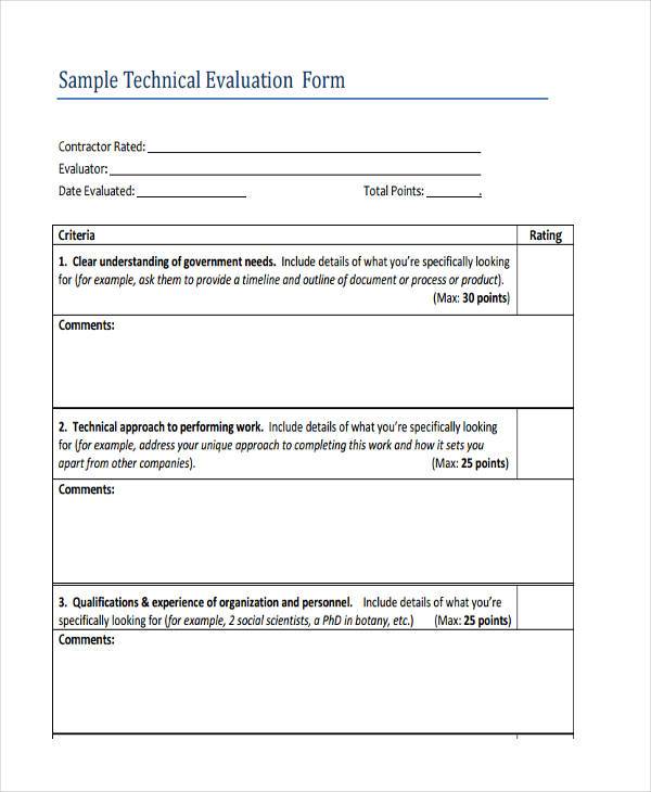 contractor technical evaluation form