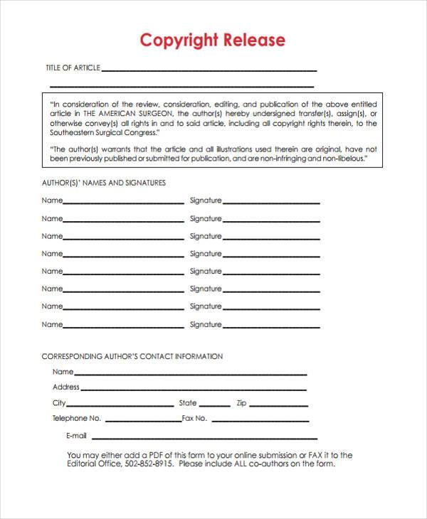 copyright release form example