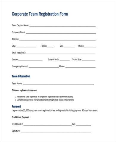 corporate team registration form