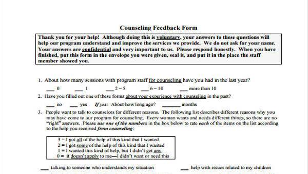 counseling feedback form samples