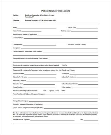 counseling patient intake form