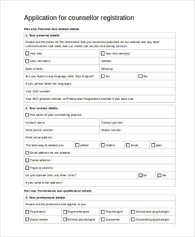 counselor application form in word format