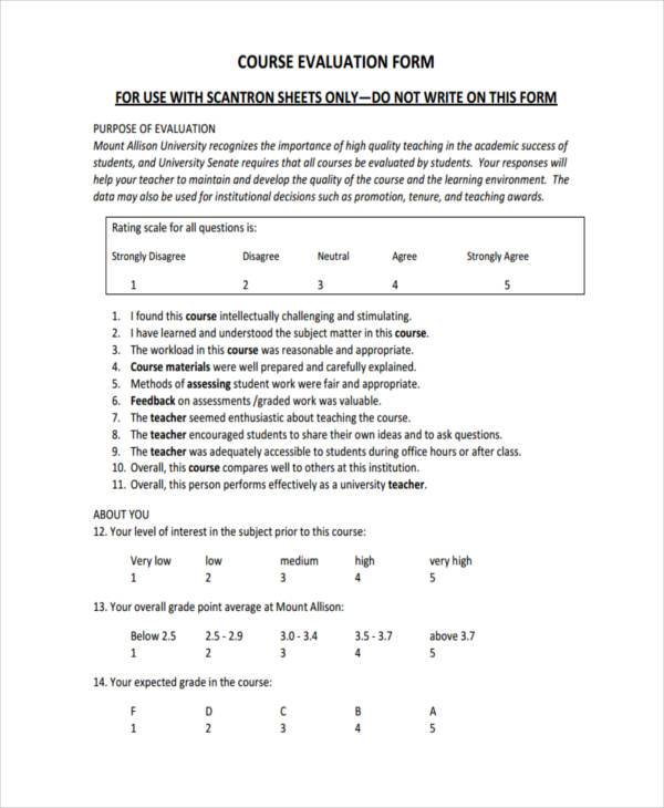 course evaluation form example