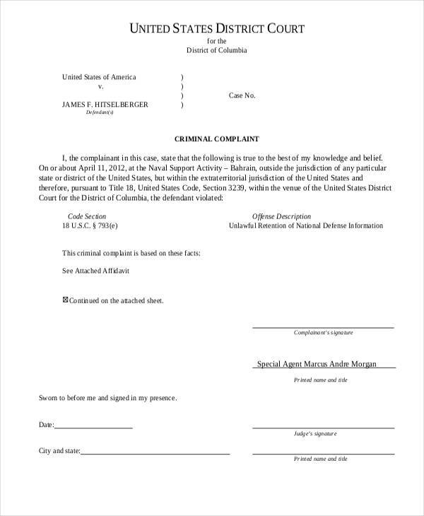 criminal complaint affidavit form