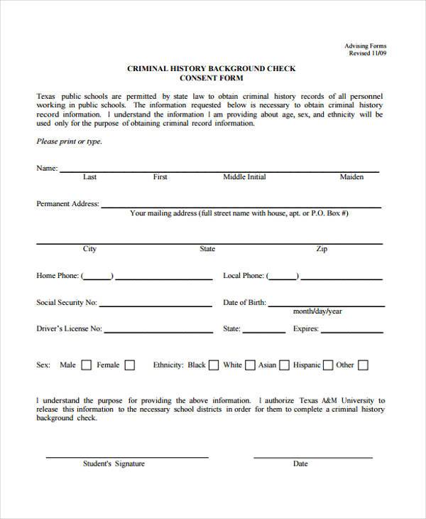 criminal history background check consent form