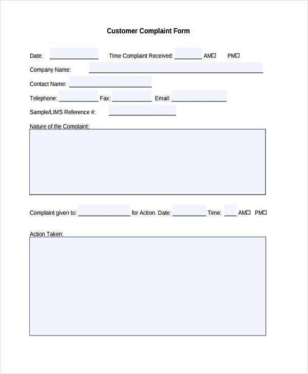 customer complaint form example