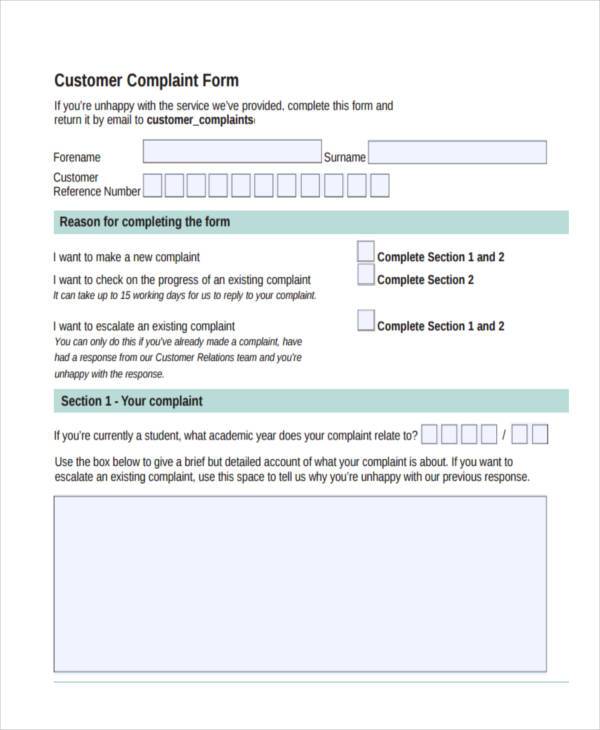 customer complaint form sample