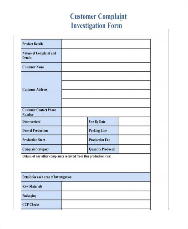 customer complaint investigation form