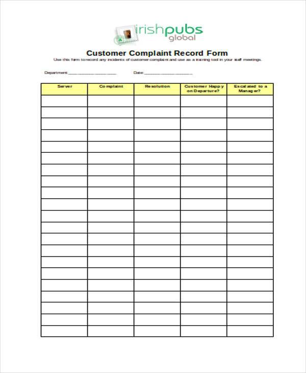 customer complaint record form