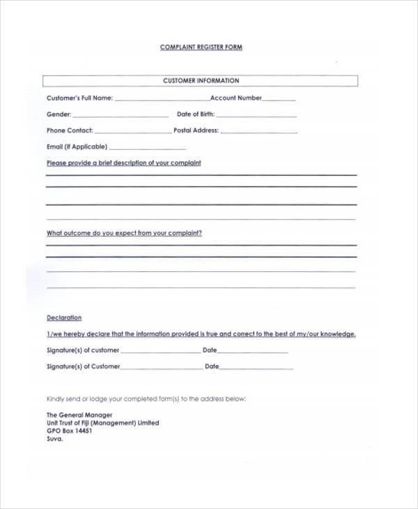 customer complaint register form