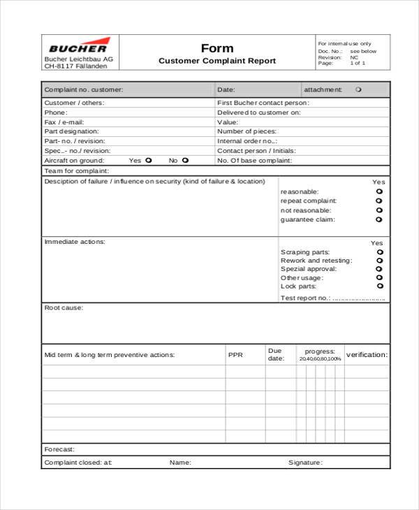 customer complaint report form