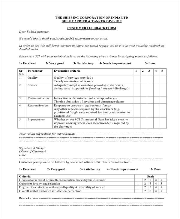 customer feedback evaluation form