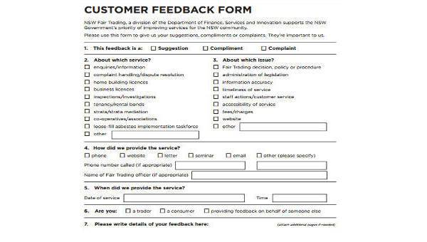 customer feedback form samples