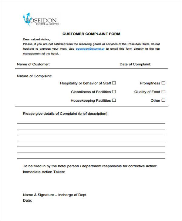 customer hotel complaint form sample