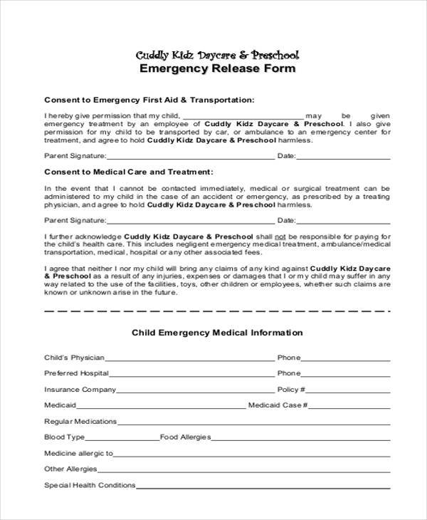 daycare emergency release form