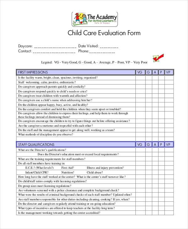 daycare teacher evaluation form