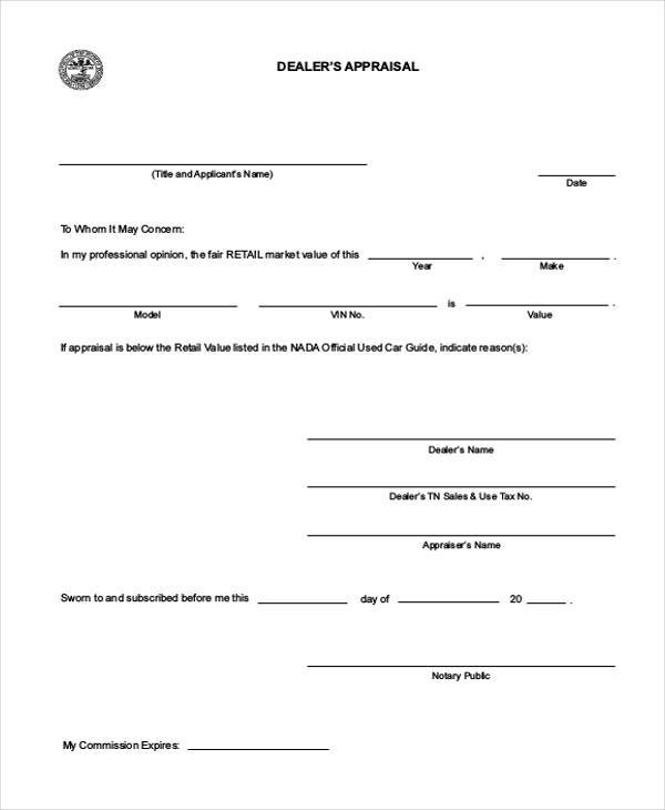 dealer appraisal form in pdf
