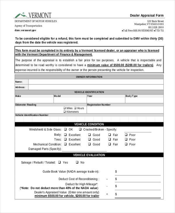 dealer vehicle appraisal form