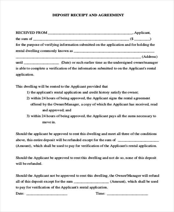 deposit receipt agreement form sample