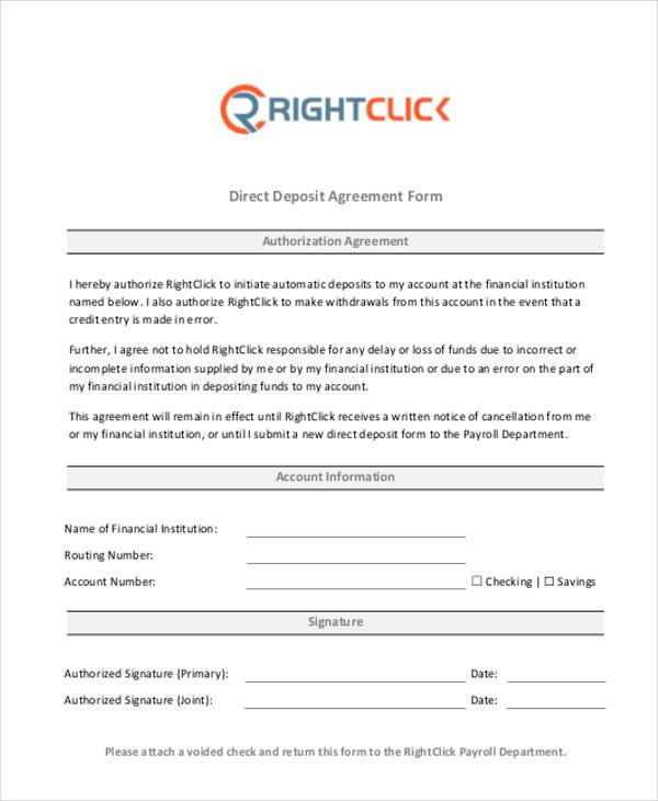 direct deposit agreement form