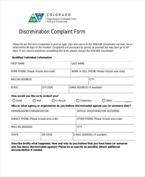 discrimination complaint form example