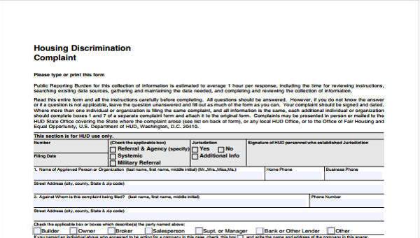 discrimination complaint form samples