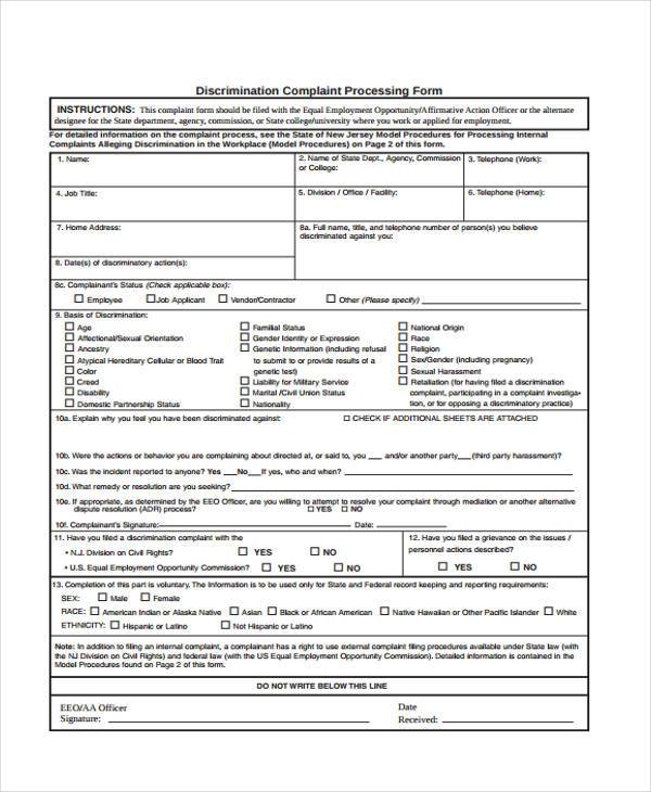 Free 12 Discrimination Complaint Forms In Pdf Ms Word 