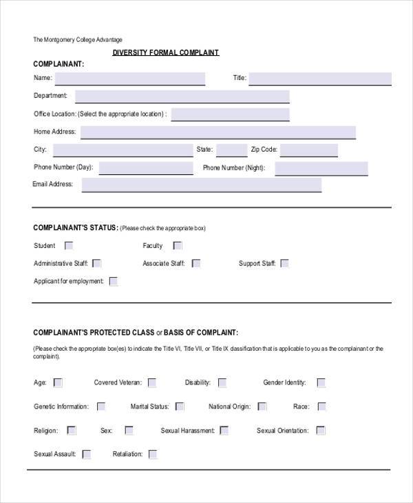 diversity formal complaint form sample