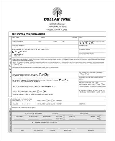 dollar tree employment application form printable