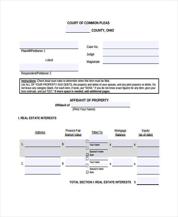 domestic relations affidavit short form