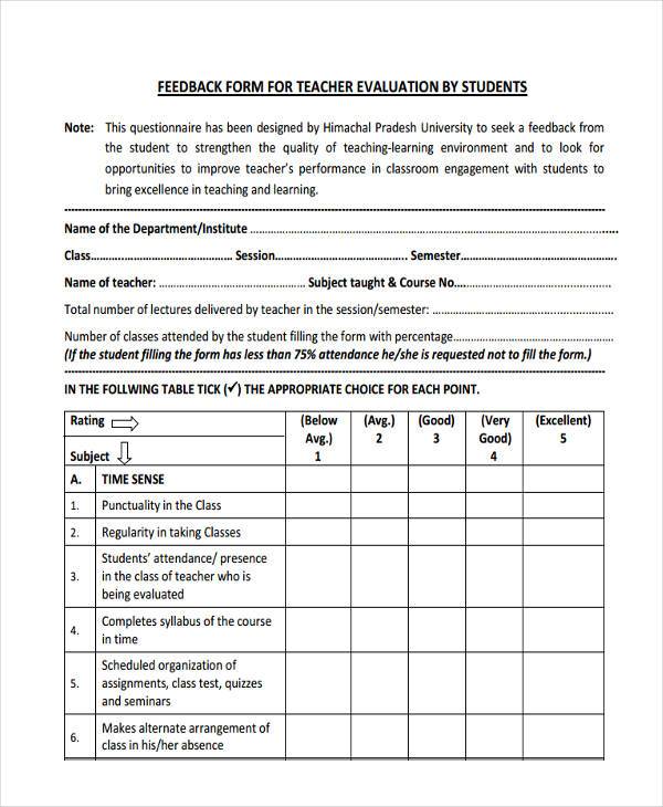 draft feedback form for teacher