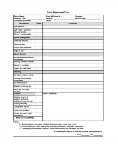 driver assessment form example