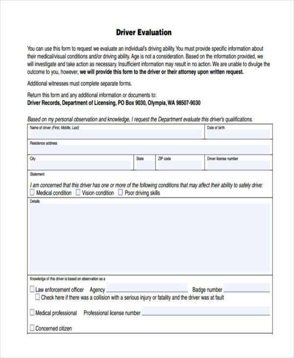 driver evaluation form example