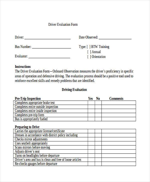 FREE 9+ Sample Driver Evaluation Forms in PDF | MS Word